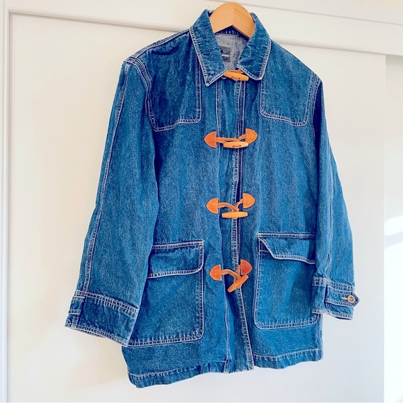 VINTAGE LIZWEAR Denim Coat w/ Leather &‎ Wood Toggles - Picture 2 of 7